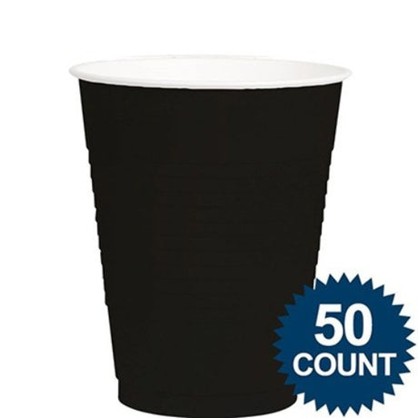 Pack of 50 stylish jet black disposable party cups, 473ml each, perfect for any celebration and easy clean-up.