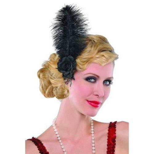 Elegant black feather hairclip adorned with jewels, perfect for 1920s themed events and vintage glam styles.