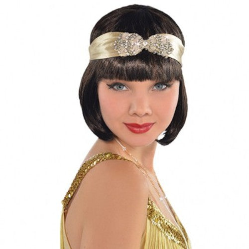 Elegant Roaring 20's flapper headband in satin with jewels, perfect for vintage-themed parties and jazz age events.