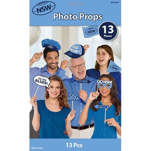 Colorful NSW-themed photo props pack of 13, featuring unique cardboard cutouts on sturdy sticks for fun and memorable photography.