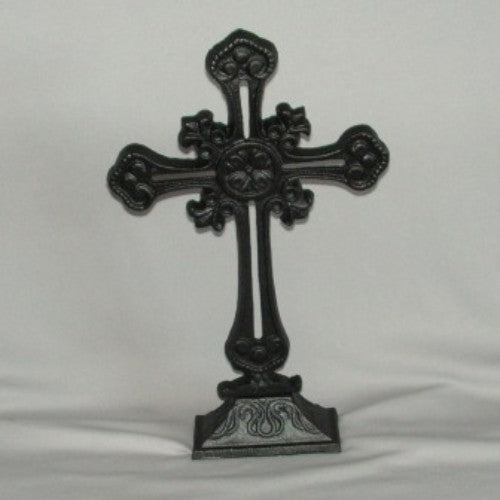 Elegant 37cm black cast iron cross on sturdy base, perfect for home decor, memorials, or religious gifts.