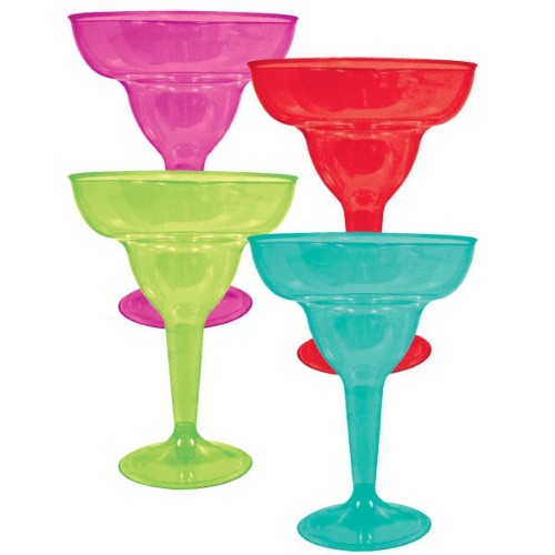 Vibrant pack of 20 assorted plastic margarita glasses in hot pink, red, lime green, and aqua blue, each 295ml capacity.