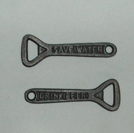 Eco-friendly solid cast iron bottle opener with vintage design, promoting water conservation while enjoying beer.