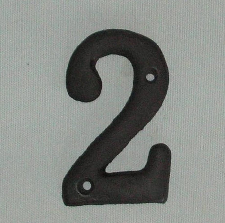 Elegant cast iron house number 2, 10x6 cm, durable, pre-drilled for easy installation, enhances curb appeal.