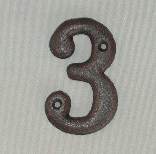 Stylish cast iron House Number 3 for mailboxes, 10x6 cm, easy to install with pre-drilled holes.