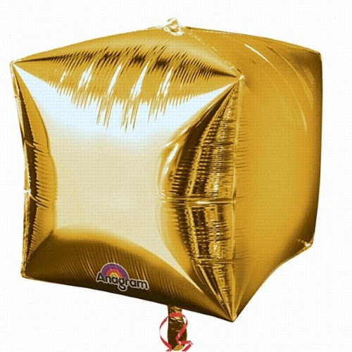 Three elegant gold Shape Cubez foil balloons, 38cm x 38cm, perfect for upscale celebrations and easy helium inflation.