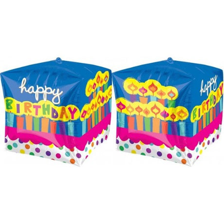 Colorful Shape Cubez Happy Birthday Cake foil balloon, 38cm x 38cm, perfect for festive birthday party decorations.