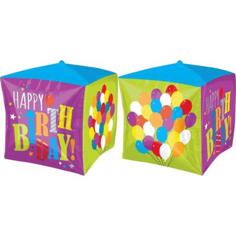 Vibrant 38cm Shape Cubez Birthday Balloons, self-sealing foil design for festive celebrations and photo backdrops.