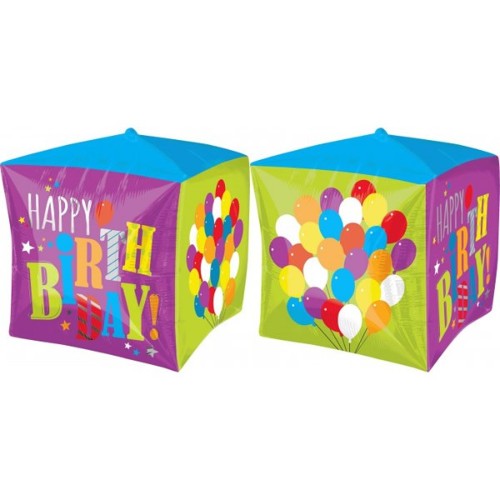 Vibrant 38cm Shape Cubez Birthday Balloons, self-sealing foil design for festive celebrations and photo backdrops.