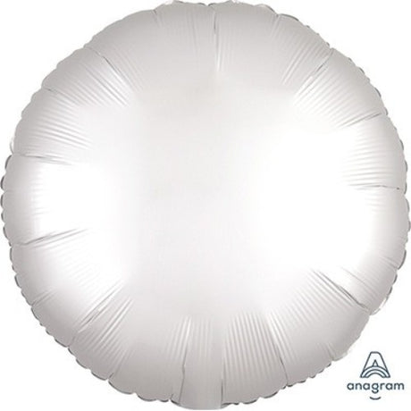 45cm Round White Satin Luxe Foil Balloon, self-sealing and helium-inflatable, perfect for elegant celebrations and events.