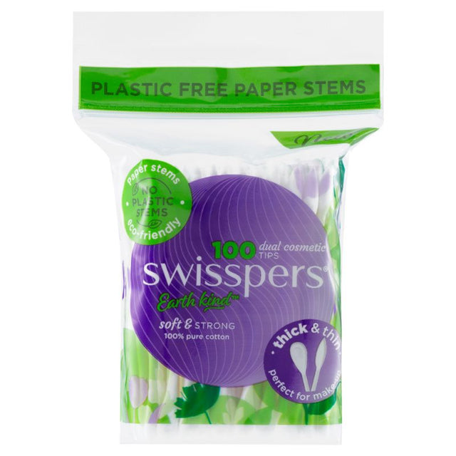 Swisspers Cosmetic Tips Paper 100, eco-friendly makeup applicators with cotton heads and sturdy paper stems for precise application.