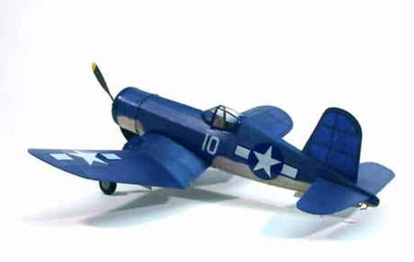 Balsa Glider Kit - 17 1/2" F4U Corsair with 44cm wingspan, over 70 parts, decals, propeller, and rubber for realistic flight.