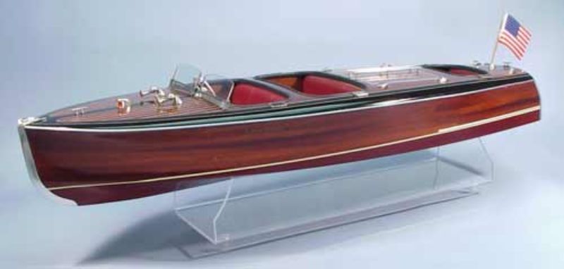 Wooden ship model kit of the 1938 Chris-Craft Triple Cockpit Barrel, measuring 40-1/2 inches, with detailed chrome fittings.