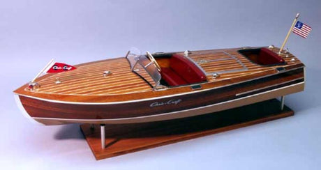 Intricate wooden model kit of the 1949 Chris-Craft Racer, featuring mahogany veneer and quality chrome fittings.