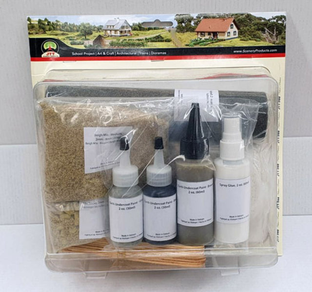 Model Scenery Landscaping Terrain Set: comprehensive kit for dioramas with asphalt turf, paints, rocks, and crafting tools.