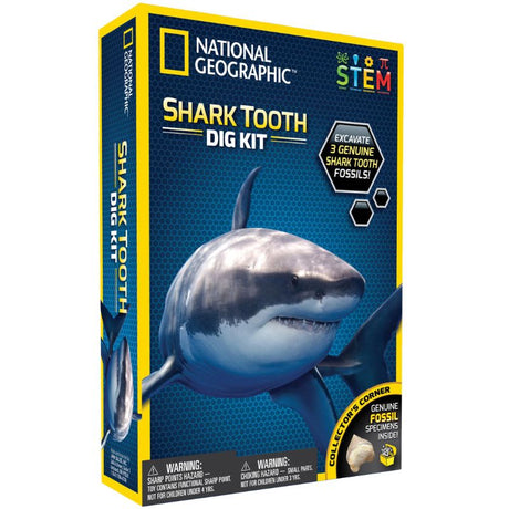 A child excavating genuine shark teeth fossils from a shark tooth-shaped digging brick in the National Geographic Shark Dig Kit.