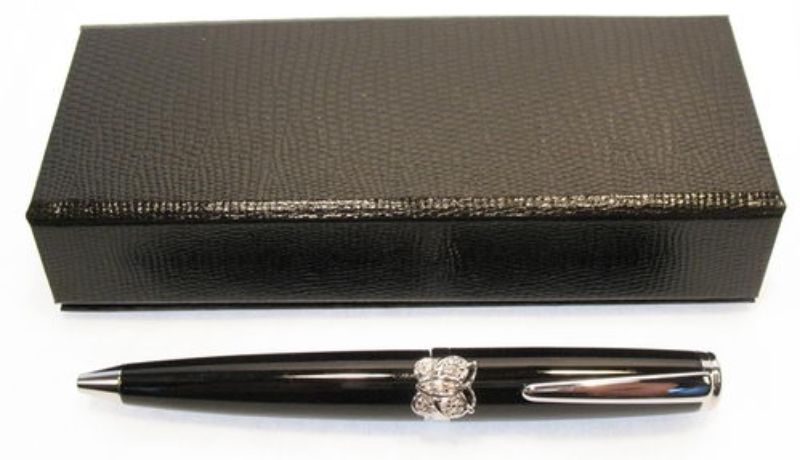 Butterfly Mini pen with whimsical design, smooth ink flow, and ergonomic grip, presented in a blue gift box.