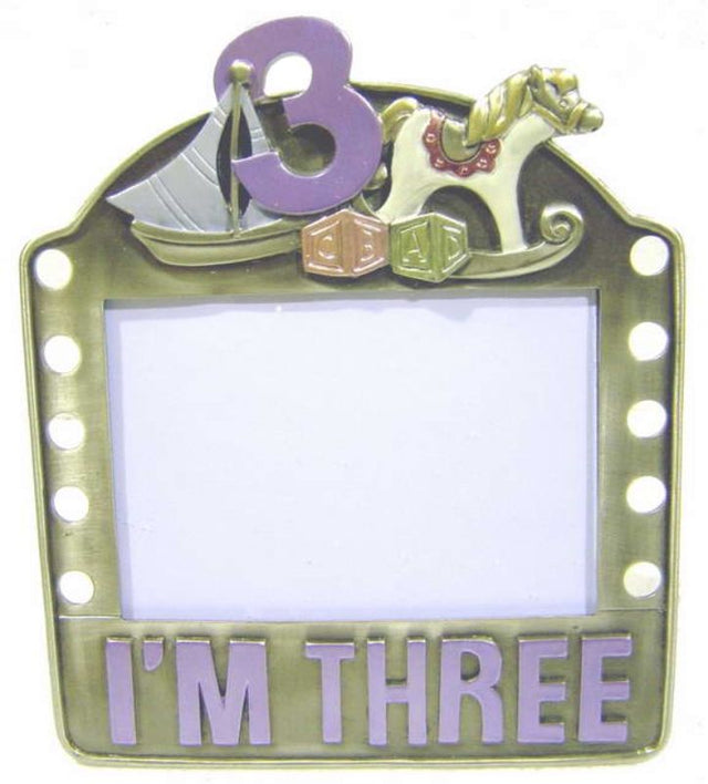 Pewter photo frames set of 2 with "I'm Three" inscription, perfect for celebrating childhood milestones.