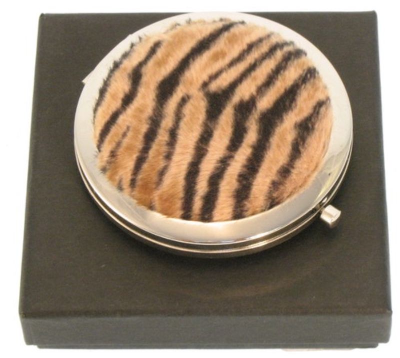 Compact mirrors featuring a striking tiger design, ideal for stylish touch-ups on the go. Perfect travel accessory for women.