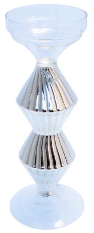A set of two elegant 25cm high glass candle holders with diamond-like design and silver plated accents for home decor.