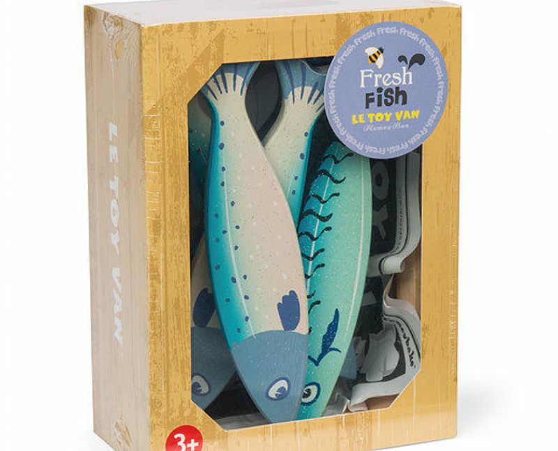 Colorful wooden Fresh Fish playset from Le Toy Van, featuring six glittery fish for imaginative role-play in children's kitchens.