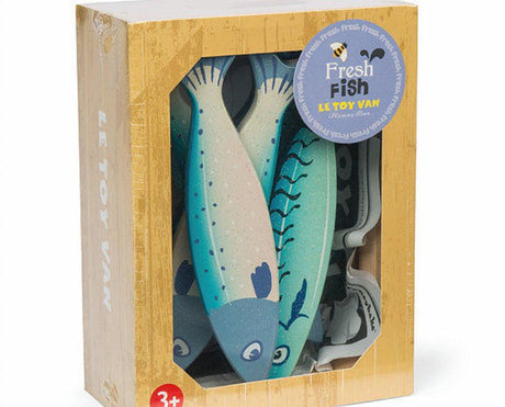 Colorful wooden Fresh Fish playset from Le Toy Van, featuring six glittery fish for imaginative role-play in children's kitchens.