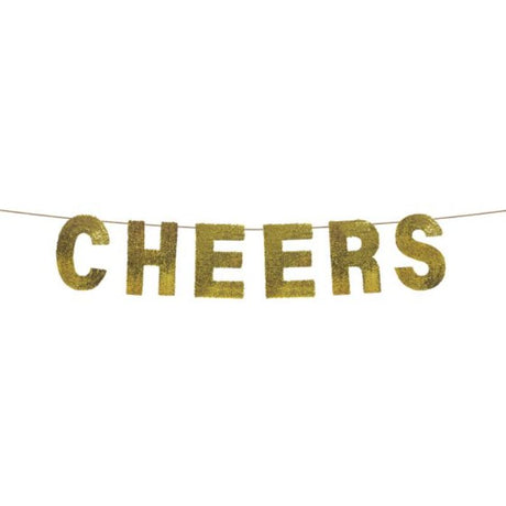 Cheers Sequin Gold Banner, 22cm x 3.65m, featuring shimmering gold sequins for festive celebrations and stylish decor.