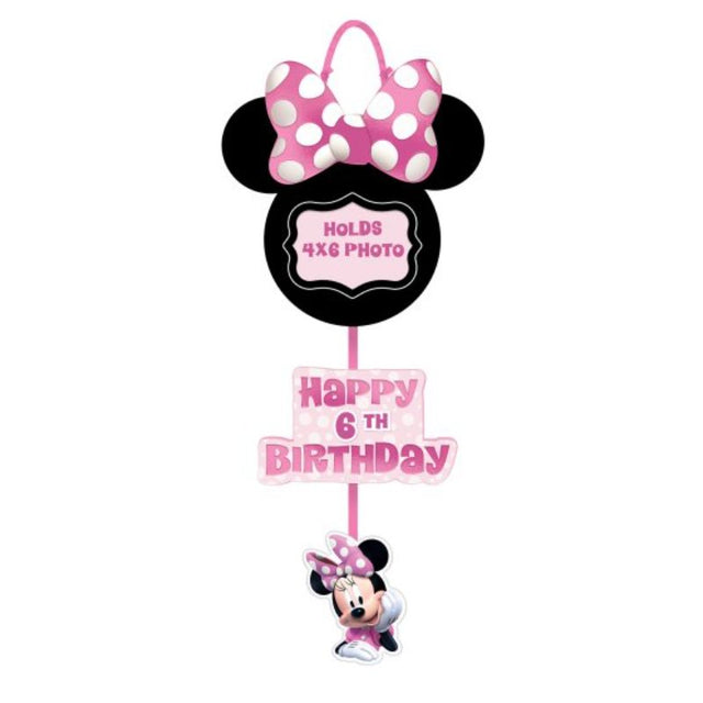 Customizable Minnie Mouse photo hanging sign, 62cm x 27cm, adorned with 28 vibrant stickers for magical decor.