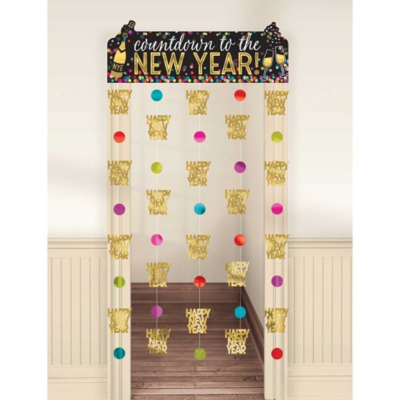 Colorful confetti and gold hot stamped door curtain, perfect for New Year's Eve celebrations and festive photo backdrops.