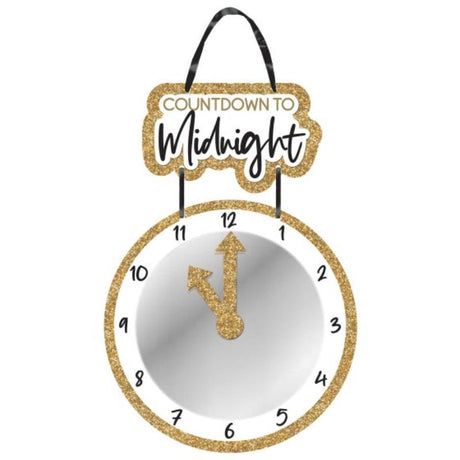 Elegant gold glittered mirror clock sign with adjustable hands, perfect for countdown celebrations and stylish home decor.