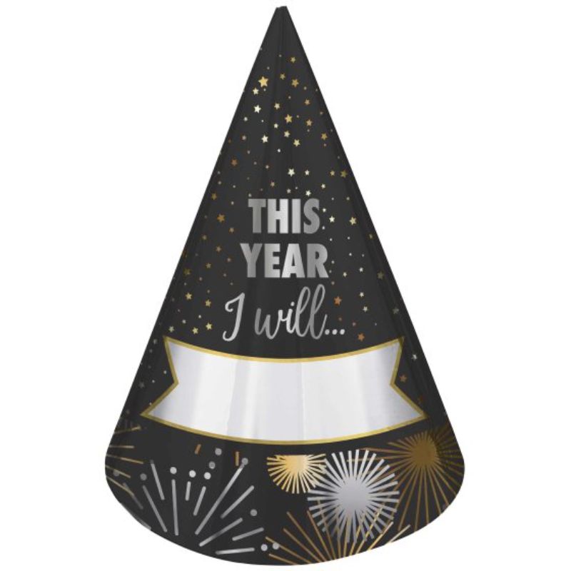 New Year's Eve resolution cone hats for parties; pack of 8, 22cm, fill-in space for personal aspirations.