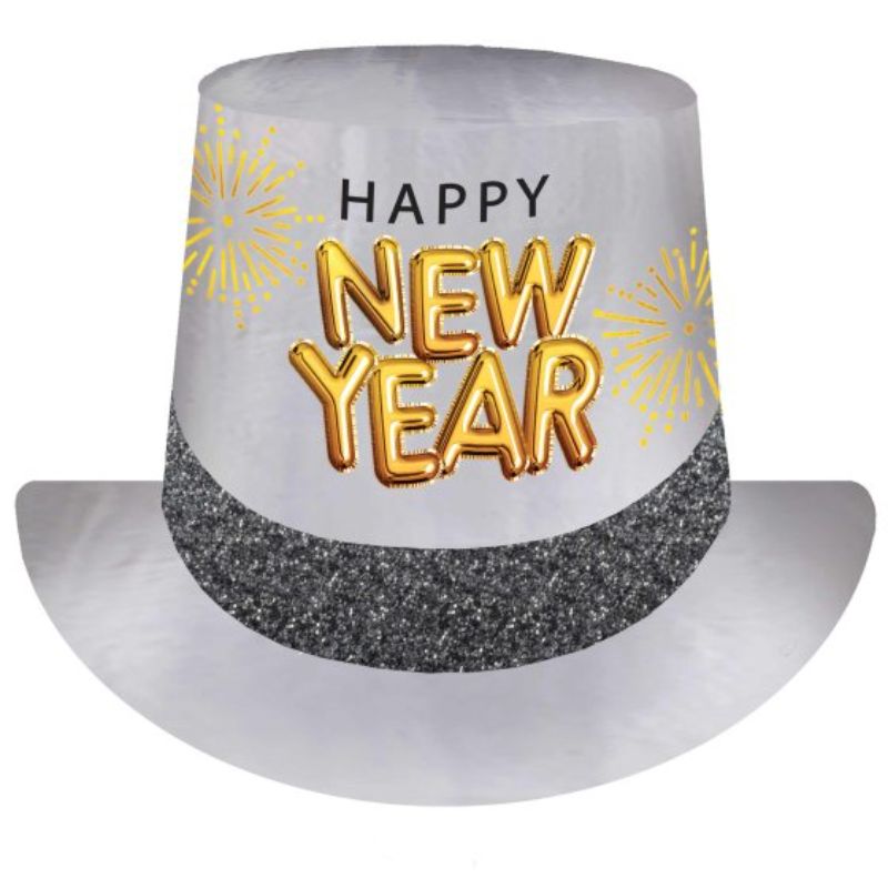 Sparkling black, silver, and gold glittered top hat, perfect for New Year's celebrations and festive photo opportunities.