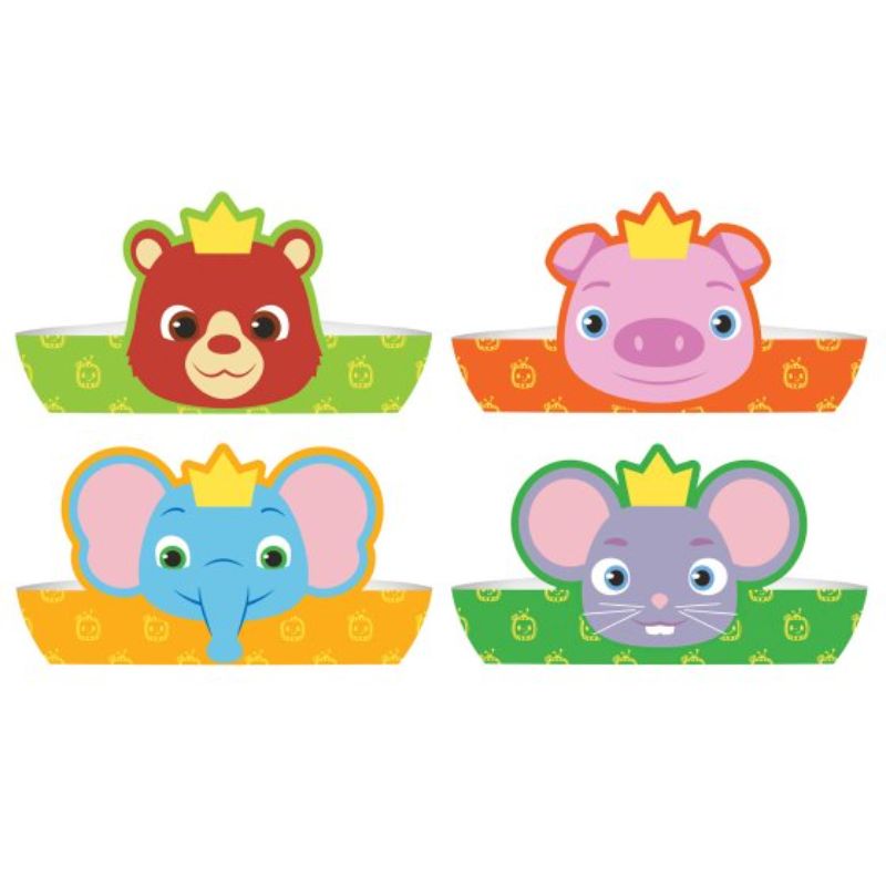 Colorful Cocomelon paper crowns (pack of 8) for children's birthday parties, featuring beloved characters for imaginative play.