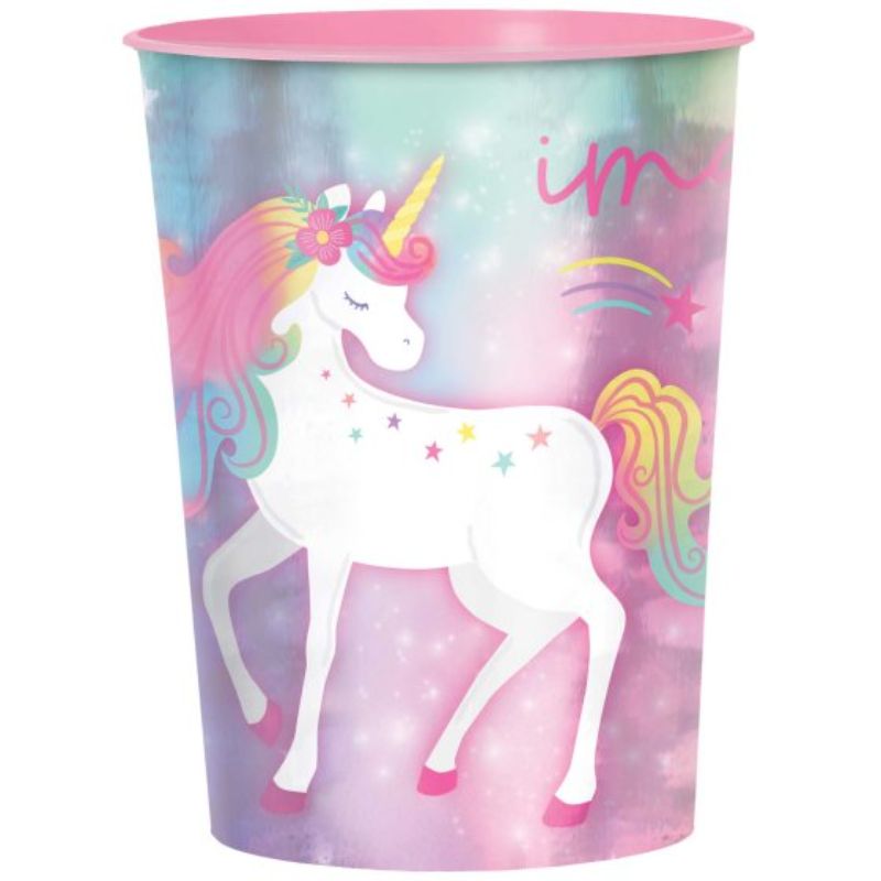 Metallic unicorn favor cup holding 473ml, perfect for parties and gift holders, combining charm and functionality.