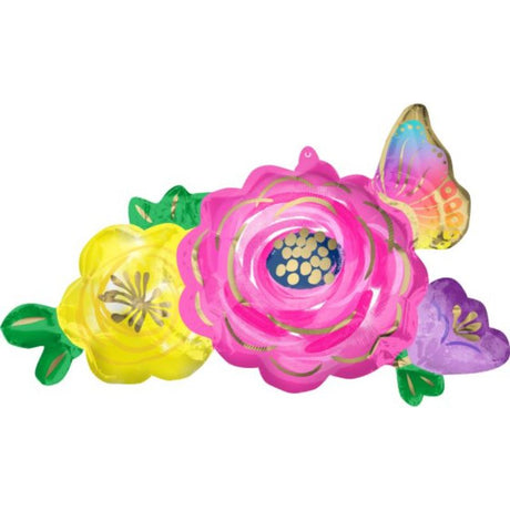 Vibrant SuperShape XL balloon featuring beautiful flowers and butterflies, perfect for celebrations and event decorations.