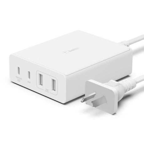 Belkin 108W USB-C charger with GaN technology, 4 ports, 2m cord for efficient and simultaneous device charging.