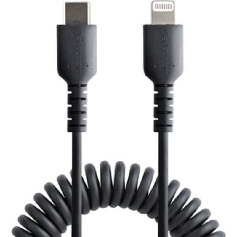 Durable StarTech Lightning/USB-C cable, 1m coiled design for flexible storage, aramid fiber for long-lasting use, MFi certified.