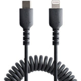 Durable StarTech Lightning/USB-C cable, 1m coiled design for flexible storage, aramid fiber for long-lasting use, MFi certified.