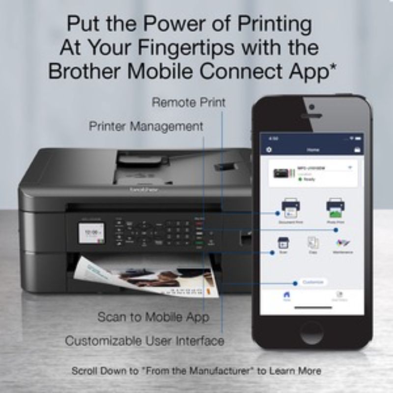 Brother MFC-J1010DW Wireless Inkjet Printer with color printing, scanning, copying, faxing, and mobile connectivity features.