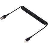 StarTech.com Rugged coiled USB-A to USB-C cable, 1m long, durable with aramid fiber, supports fast charging up to 3A.