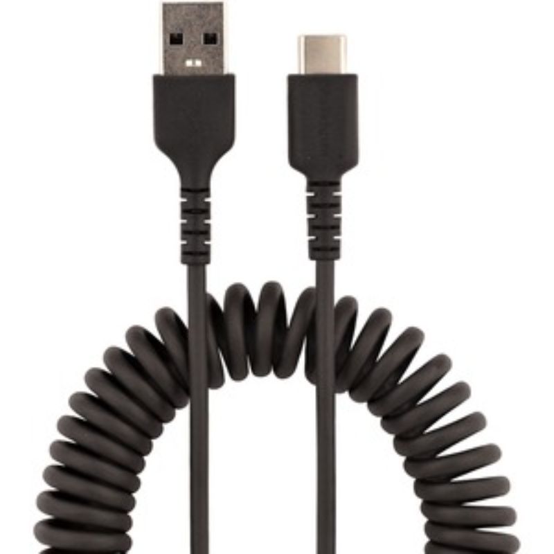 Rugged 1m coiled USB-A to USB-C cable with aramid fiber, flexible strain relief, and fast charging up to 3A.