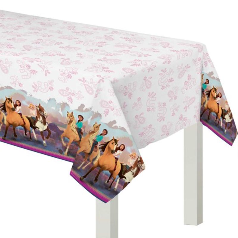 Vibrant Spirit Riding Free tablecover featuring beloved characters, perfect for horse-themed parties and easy clean-up.