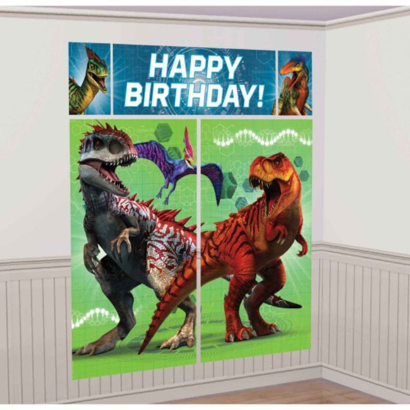 Jurassic World Scene Setter pack featuring large backdrops and fun cardboard dinosaur photo props for themed parties.