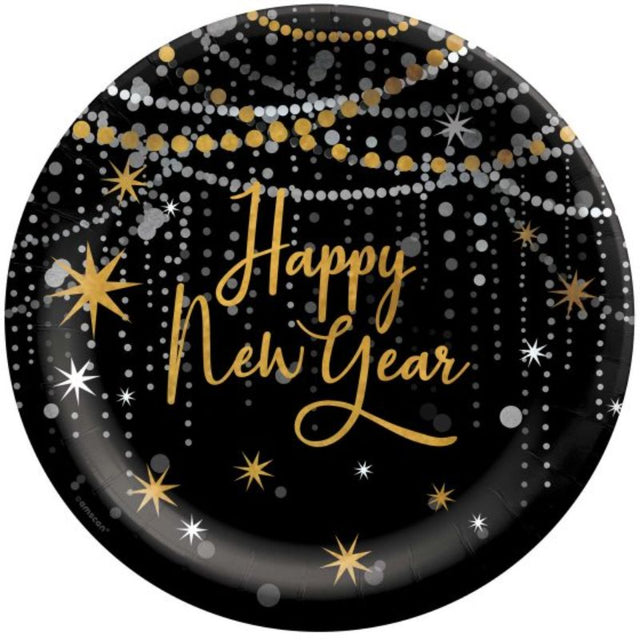 Midnight Hour Happy New Year paper plates in chic design, perfect for festive celebrations, pack of 20.