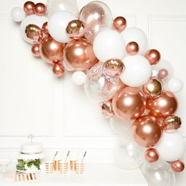 Rose gold balloon garland kit with 66 balloons, including confetti and foil, perfect for elegant celebrations.