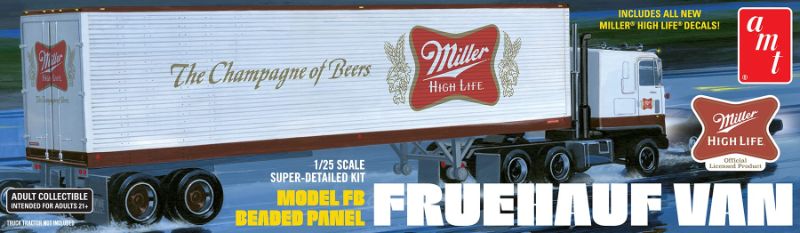 Detailed 1/25 scale model kit of Fruehauf Trailer Miller, featuring 135+ parts and vibrant colors for truck enthusiasts.