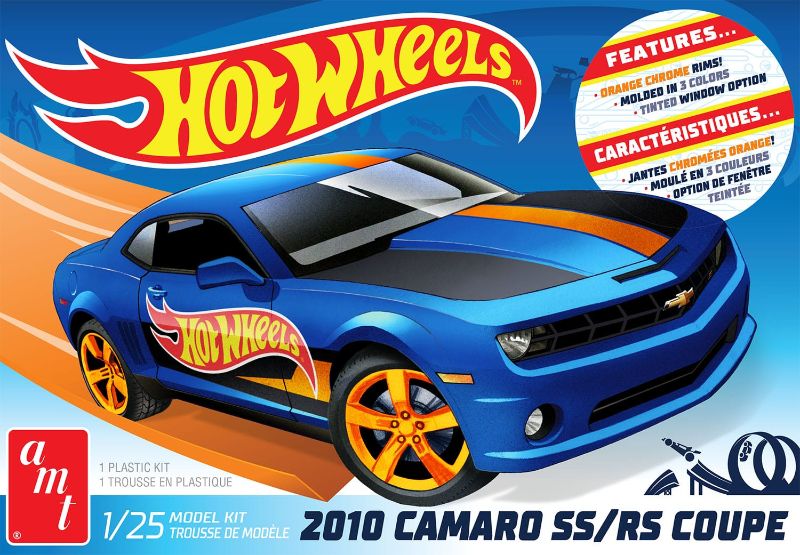 1/25 scale model kit of a 2010 Chevy Camaro with orange chrome rims and detailed interior, perfect for collectors and enthusiasts.