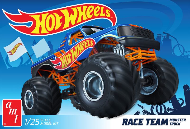 Detailed 1/25 scale model kit of the Ford MT Hot Wheels Monster Truck with chrome rims and customizable decals.