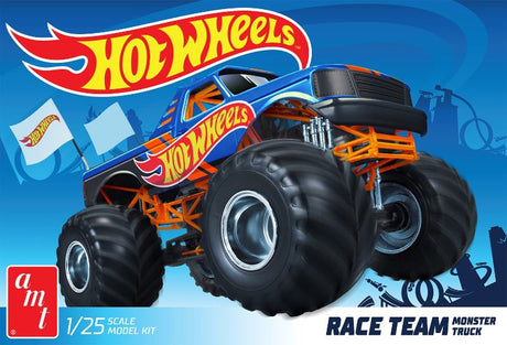 Detailed 1/25 scale model kit of the Ford MT Hot Wheels Monster Truck with chrome rims and customizable decals.