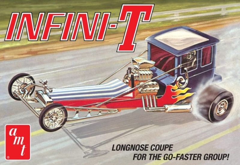 1/25 scale Infini-T Custom Dragster model kit featuring detailed parts for customization and a blown mega-engine, ideal for enthusiasts.